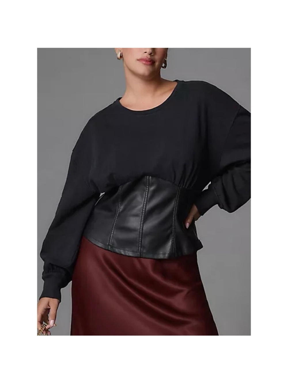 Pilcro Anthropologie Faux Leather Corset Black Cotton Sweatshirt Top Medium - Picture 5 of 12